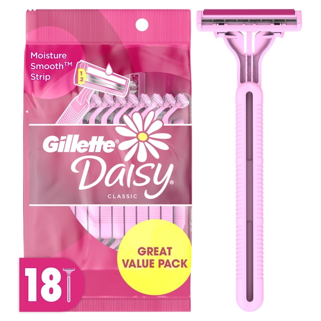 Gillette Daisy Classic Womens Disposable Razor pack with 18 pink razors featuring fixed non-pivoting heads, twin comfort blades, moisture-smooth lubrastrip for lubrication, and textured handles for secure grip, designed for a close, smooth shave and suitable for quick replacement after use.