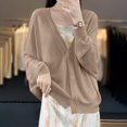 thumbnail image 4 of Womens Button Down Knit Cardigans Long Sleeve V Neck Casual Cardigan Sweaters Light Weight Loose Lounge Wear Fall Khaki, 2XL, 4 of 5