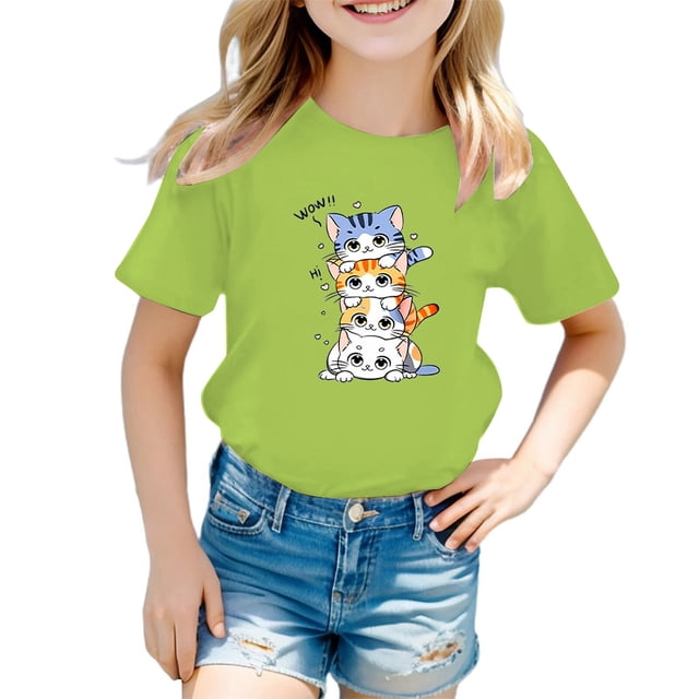 HNMKIU T-Shirt Graphique à Manches Courtes pour Filles, Tenue Décontractée d'Été, Col Rond Tendance pour Jeunes Fashionistas