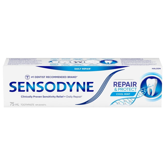 Sensodyne Repair and Protect Toothpaste for Sensitive Teeth, 75 mL front-facing tube in white-and-blue packaging indicating NovaMin and fluoride, 'fresh mint' flavor text and flip-top cap on a white background; provides sensitivity relief and cavity protection and is suitable for travel toiletry kits.