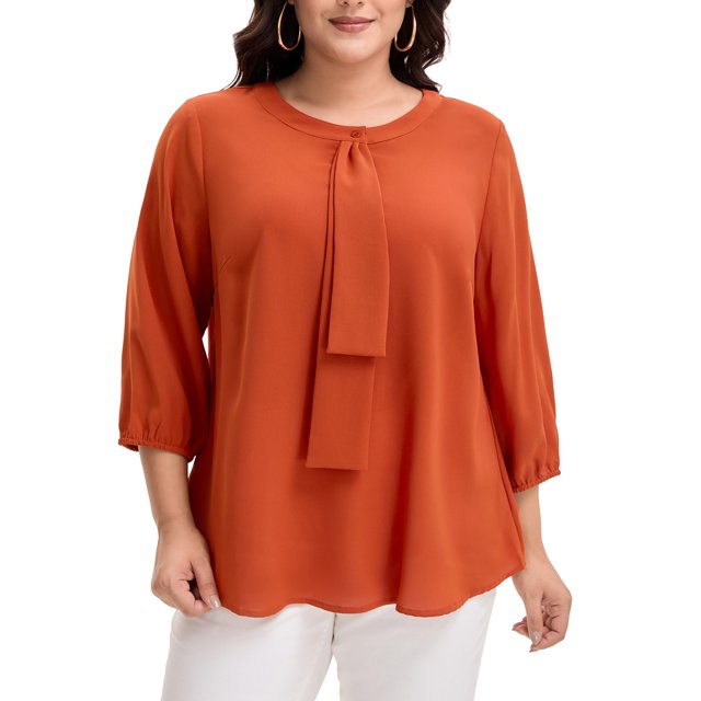 GRACE & GRANDEUR Women's Plus Size Tops Work Round Neck Ruffle Chiffon Blouse Office Top 2X Caramel