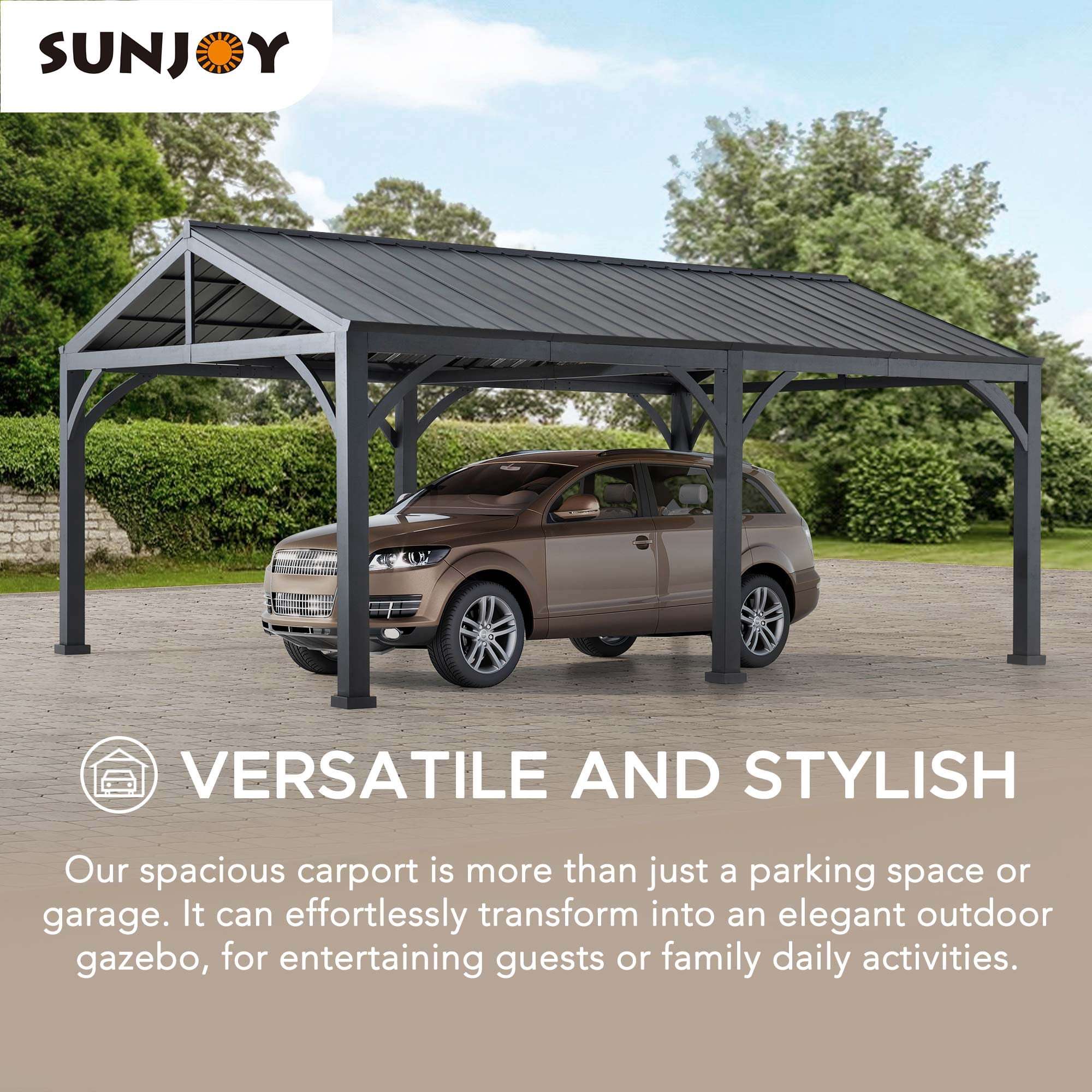 Sunjoy Carport 20 ft. x 14 ft. Gazebo Extérieur Abri de Voiture Robuste avec Toit en Acier Galvanisé Thermolaqué Marron / Cadre Noir et 2 Crochets de Plafond