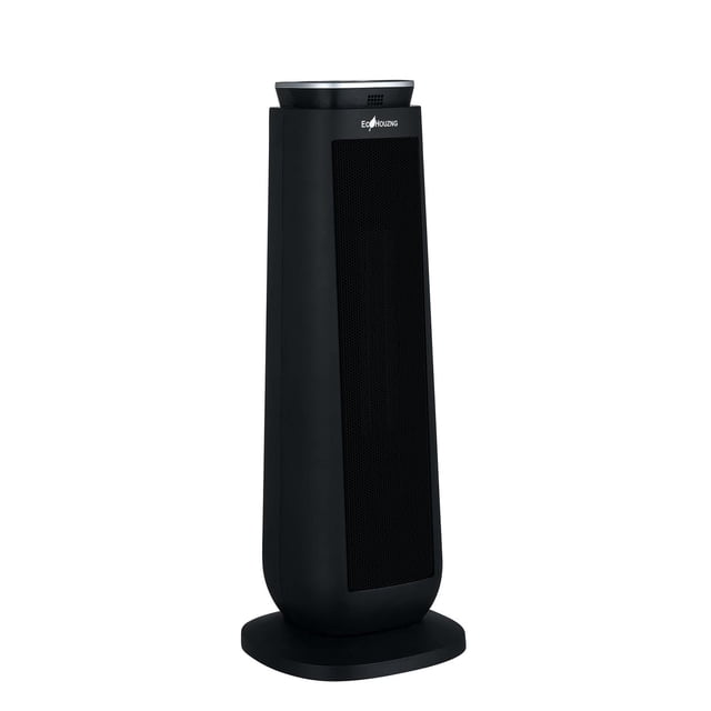 Ecohouzng Ceramic Heater with Oscillation in a front 3/4 view featuring a slim black tower design with a mesh front panel and rounded base, equipped with two heat settings, adjustable thermostat, oscillation for even heat, and safety tip-over protection ideal for small to medium rooms.