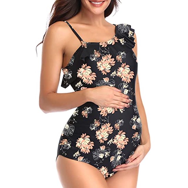 ZECATL Star Maternity Off Shoulder One Piece Swimsuit Flounce Floral Ruffled Pregnancy Bathing Suit Flower(M