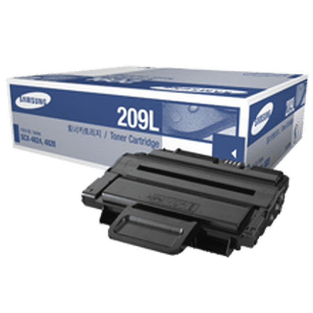 Brand New Original SAMSUNG MLT-D209L Laser Toner Cartridge High Yield shown with its packaging. Compatible with Samsung ML-2855ND, SCX-4824FN, SCX-4826FN, and SCX-4828FN printers. The black toner cartridge is designed for high-yield printing, ideal for professional and office use.