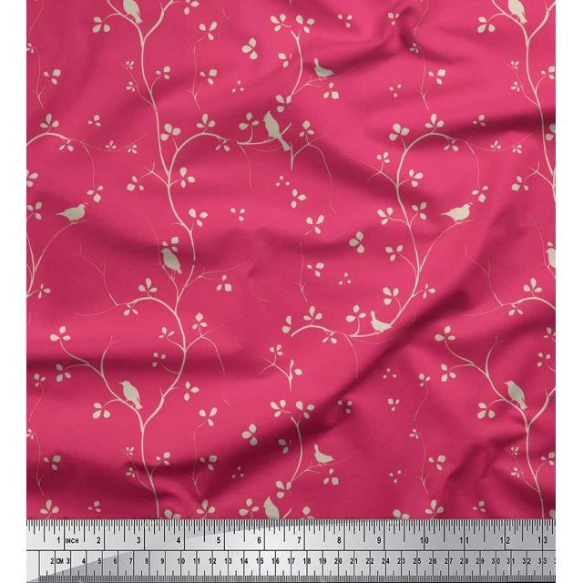 Soimoi Poly Georgette Fabric Branches,Leaves & Bird Print Sewing Fabric Yard 52 Inch Wide