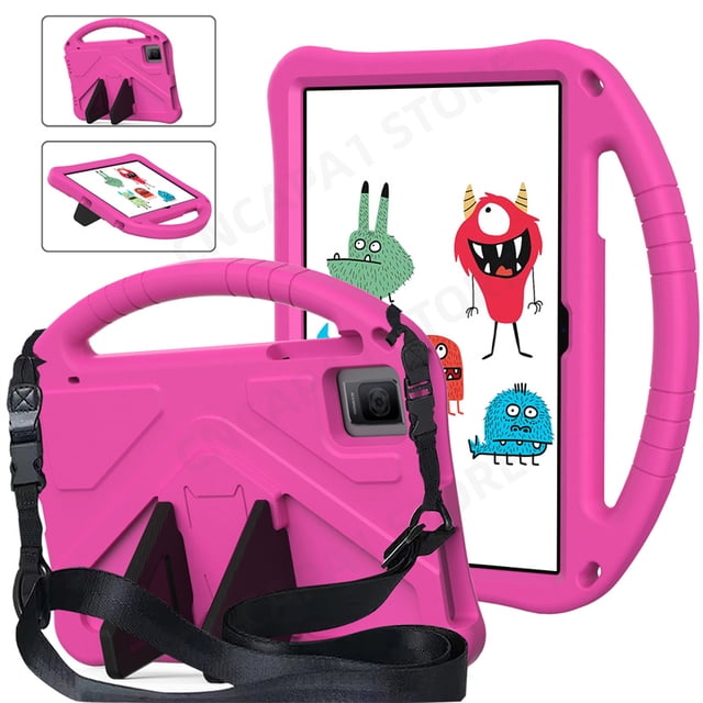 Portable Funda with rear kickstand designed for Acer Iconia Tab P10, a 10.4-inch tablet case made of EVA foam in a vibrant pink color. Features include a shockproof and drop-resistant design, a patchwork pattern, and a soft texture. The case includes a built-in handle, an adjustable strap for portability, and a rear kickstand for hands-free use. Suitable for kids' safety and compatible with Acer Iconia Tab P10. The case measures 10.36 inches in length and width.