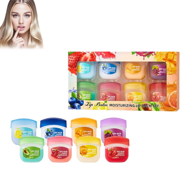 Aursykel Lip Mask 8 Pack Set with multicolour containers, each individually packaged for convenience. These hydrating lip masks are formulated with natural ingredients to deeply moisturize, repair chapped lips, and restore softness. Perfect for lip treatment, daily care, pre-party preparation, or gifting, the set features fresh natural scents and vibrant packaging.