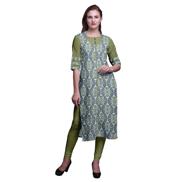 Bimba Rayon Slub Indian Printed Straight Kurta 3/4 Sleeve Tunic Dress For Women
