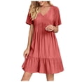 thumbnail image 2 of Robe d'Été pour Femmes DYTTDG Robes pour Femmes Grande Taille d'Été Décontractées à Col en V à Manches Courtes Robe Mini à Volants Excellents Cadeaux à Petit Prix Rouge Melon D\'eau,m, 2 of 9
