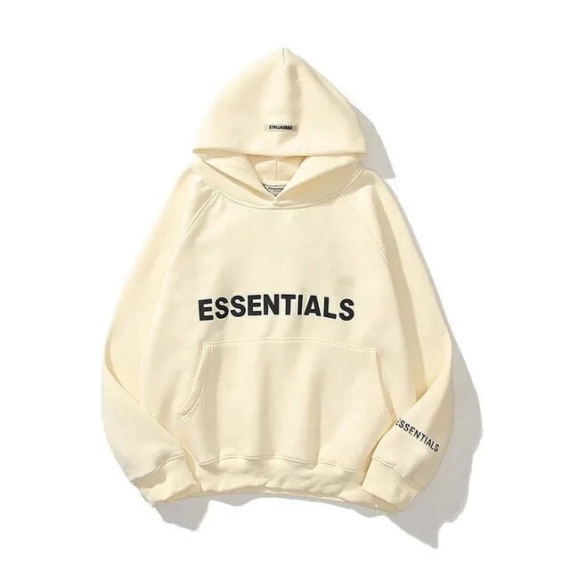 CNKOO Chandail à Capuchon Essentiel pour Hommes et Femmes avec un design de Chandail de Rue Hip-Hop et des Graphiques de Lettres Réfléchissantes. Fait de 90 % Coton et 10 % polyester, Ce Chandail à Capuchon en Molleton Surdimensionné de Couleur Crème Claire Unie Offre une Coupe Décontractée et un Confort Douillet. Comprend une Poche Kangourou avant et une Fermeture à Enfiler.