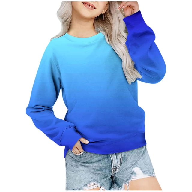 MIASHUI Girls Sweatshirt Tops Gradient Printed Crewneck Casual Pullovers,Blue,3-4 Years