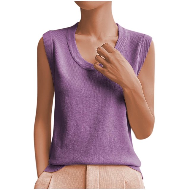 Plebaso Ribbed Tank Tops for Women Crew Neck Sleeveless Knit Shirts Solid Color Loose Summer Casual Tops