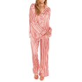 thumbnail image 3 of GDREDA Pyjama Femme Women Ensemble Pyjama 2 Pcs Rayé Imprimé Chemise à Manches Longues Boutonnée et Pantalon Tenue de Nuit Women Ensembles de Pyjama Pyjamas Rouge,P, 3 of 8