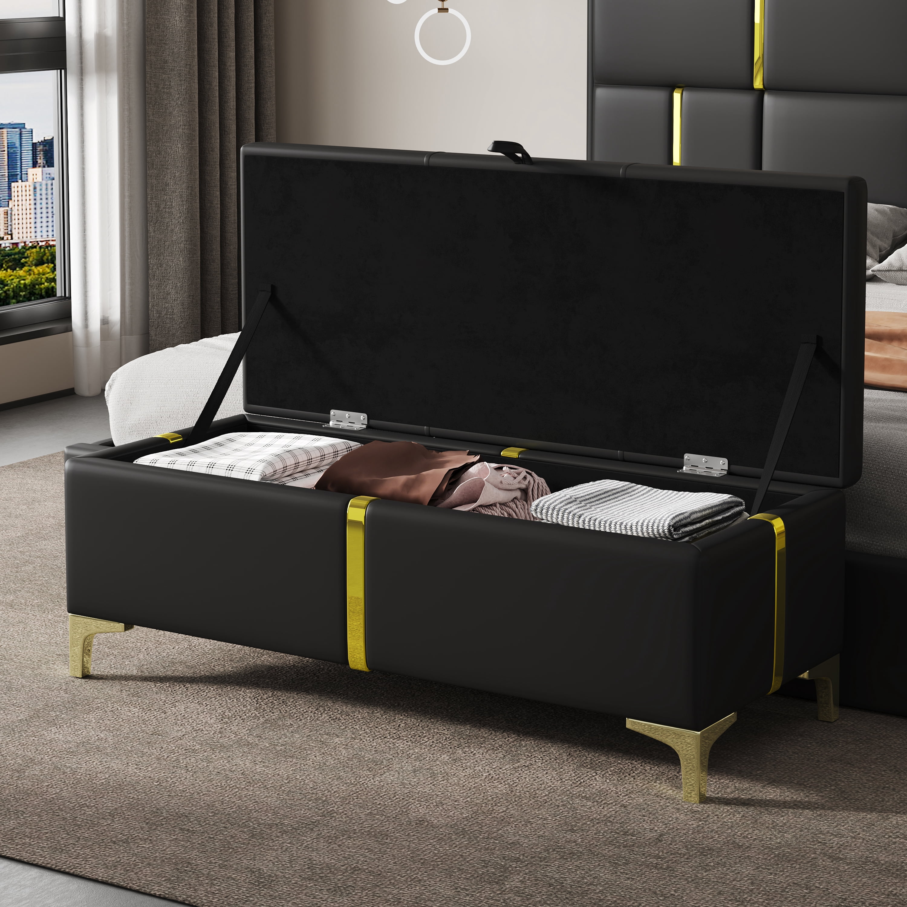 MODERNLUXE 47" Storage Ottoman Bench,Upholstered Entryway Bench with Metal Legs for Bedroom,Living Room,Black