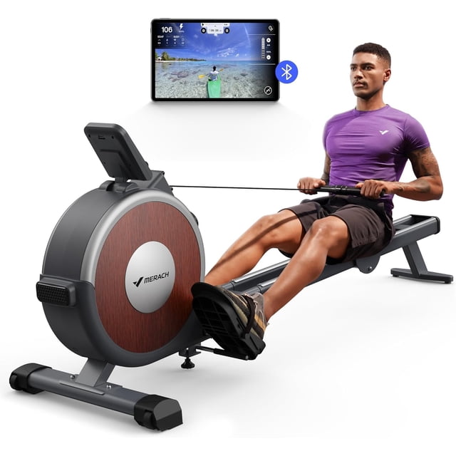 MERACH Magnetic Rowing Machine with a 350lbs weight capacity, designed for home workouts. It features 16 levels of quiet magnetic resistance, Bluetooth connectivity, and app compatibility for tracking metrics like distance and calories burned. The machine has a black frame with a wood-inspired panel on the flywheel casing, and a user is rowing on the ergonomic seat supported by a stable double-track design. A tablet screen displays virtual rowing data, enhancing the immersive fitness experience.
