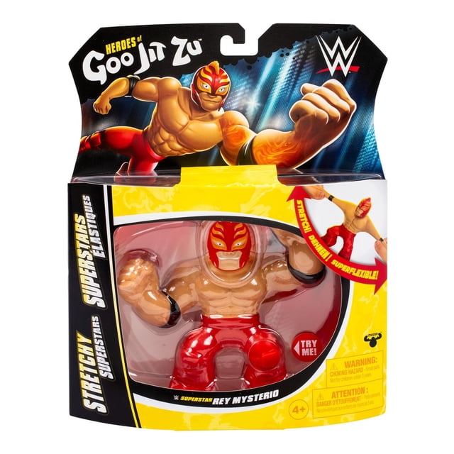 Heroes Of Goo Jit Zu WWE Extensible Superstars Rey Mysterio Figurine d'Action en Emballage, un Lutteur Jouet de Collection Extensible de 4,5 Pouces avec Torse Musculaire, Pantalon Rouge et Masque Rouge et Jaune, Mettant en Vedette du Gluant, Matériau flexible pour un Jeu Sans Dégâts.