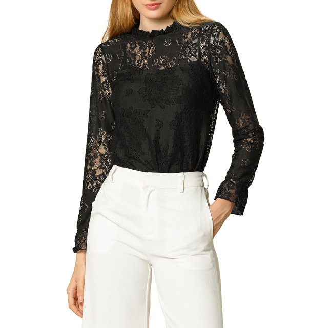 INSPIRE CHIC Women's Crochet Lace See Through Floral Ruffle Neck Blouse