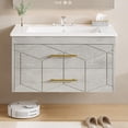 thumbnail image 3 of Modern Floating Bathroom Vanity – 30 Inch Wall Mounted Cabinet with Double Soft-Close Drawers, Gold Handles, Ceramic Basin, Easy Assembly – Grey, 30 inches, 3 of 6