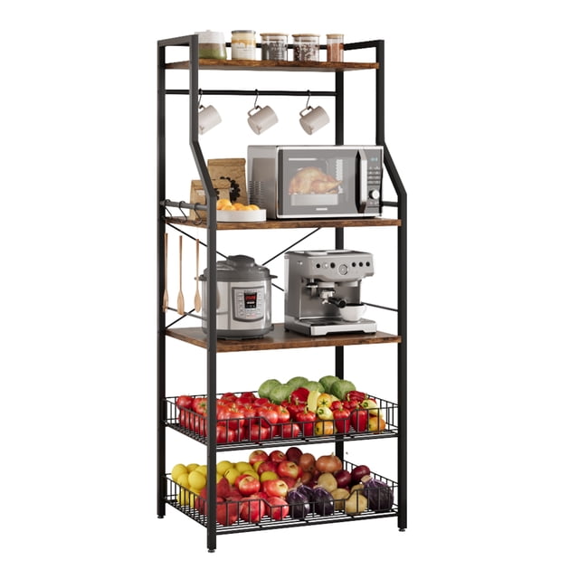 BeesClover 5-Tier Kitchen Bakers Rack, Microwave Stand with 2 Wire Baskets & 8 Hooks, Industrial Coffee Bar Station & Kitchen Storage Unit, Freestanding Organiser for Air Fryer, Pots & Spices