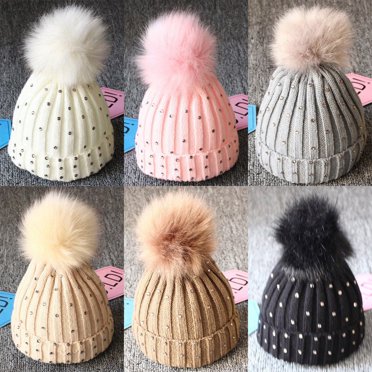 Bonnet Tricoté à Pompons Double Fourrure Chaude pour Garçons et Filles en Hiver