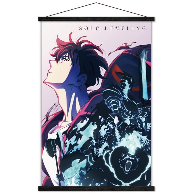 Solo Leveling: Season 2 - Teaser Key Art Wall Poster with Magnetic Frame, 22.375" x 34" depicting an anime character with red-highlighted black hair looking upward, surrounded by glowing blue spectral figures including a roaring bear and armored warriors, printed on glossy paper with a black magnetic wood frame, suitable for decorating bedrooms, offices, or dorms.