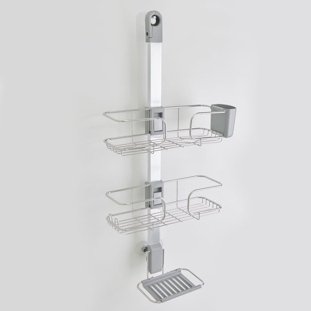 Artika Ulysse Hanging Shower Caddy adjustable caddy that fits most showerheads, sleek metal-finish vertical storage with multiple adjustable trays, removable soap dish and Q‑Cup, secures with suction cup or adhesive film to organize bottles, razors and accessories and is often used to store small cleaning bottles or shower tools.