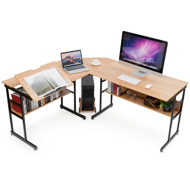 Gymax Bureau d'Ordinateur en Forme de L Table de Dessin Poste de Travail avec Plateau Inclinable et Étagère