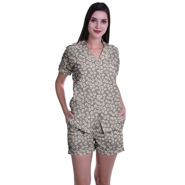 Moomaya Ensemble de Nuit pour Femmes à Manches Courtes, Chemise-Short à Boutons et Short