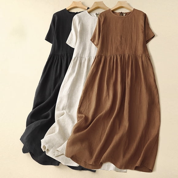 Sentmoon Wedding Guest Dress Cocktail Crew Neck Short Sleeve Linen Maxi Dress Solid Color Loose Fit Summer Plus Size Women Maxi Dress Delightful Vacation for Summer and Vacation Coffee L