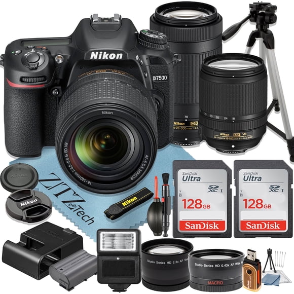 Nikon D7500 Appareil Photo Reflex Numérique avec Objectif 18-140mm + 70-300mm + 2 Pcs Cartes Mémoire SanDisk 128 Go + Trépied + Grand-Angle + Flash + Ensemble d'Accessoires ZeeTech