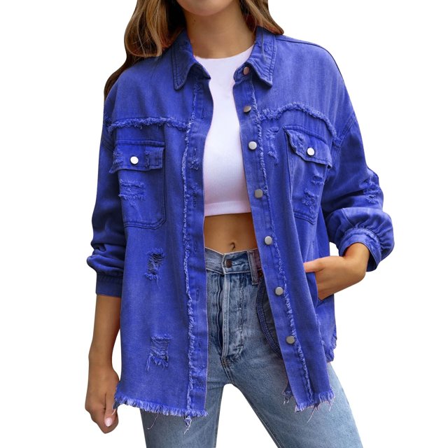 SHIXIAOO Women's Ripped Oversized Denim Jacket Casual Long Boyfriend Distressed Denim Jacket Womens Jackets Fall Casual Button down Button Jean Womens Summer Jackets Denim Jacket Lightweight Fringe