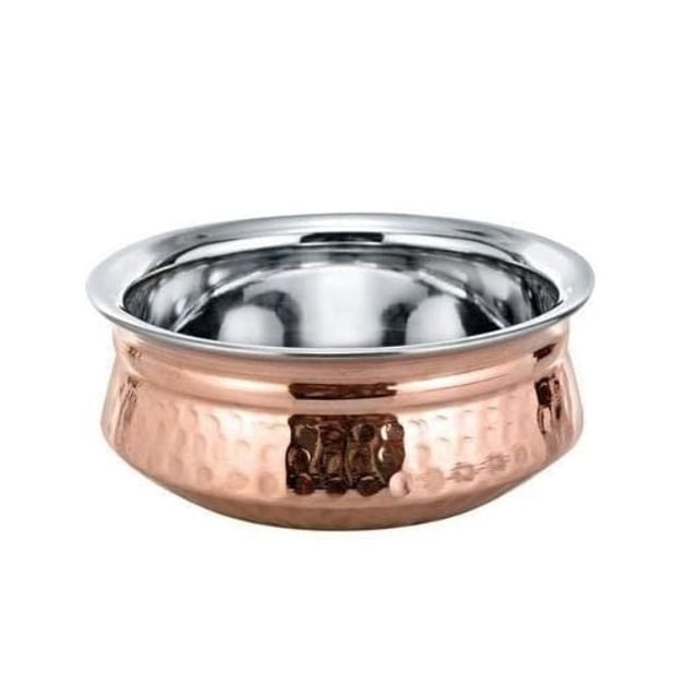 Verka Hammered Copper Handi Pot featuring a hammered copper exterior and polished stainless steel interior, designed to retain heat and serve Indian curries, rice, and vegetable dishes, suitable as a soup and stockpot in kitchenware cookware.