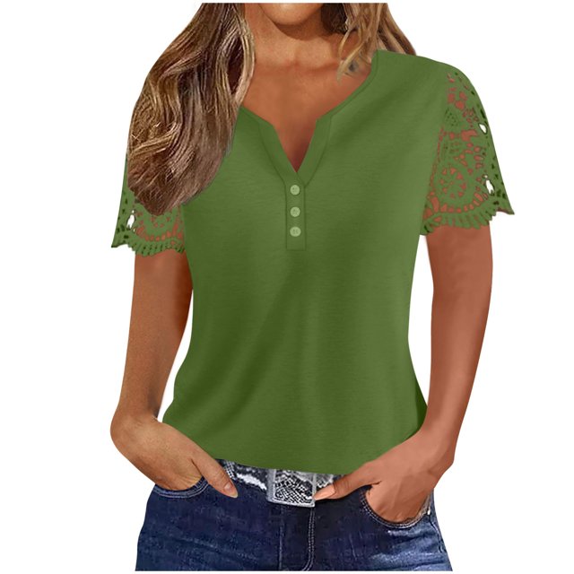 Timegard Womens Summer Tops Notched V-Neck Button Lace Short Sleeve Solid Color Dressy Casual Tunic Tops