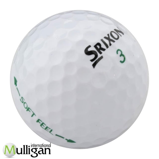 Mulligan - 12 Srixon Soft Feel 4A Recycled Used Golf Balls, White, close-up of a white dimpled golf ball with black Srixon logo, green number 3, and green 'Soft Feel' text with arrows, emphasizing its soft feel and quality for enhanced tee-to-green distance and short game control.
