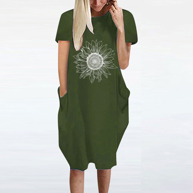 Jusqu'à 65 % de Rabais! Robes d'Été Mode pour Femmes 2024 Grande Taille Robe Décontractée Ample à Imprimé Tournesol Robe à Manches Courtes à Col en V
