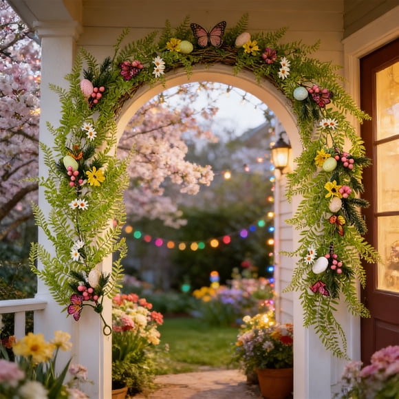 EGNMCR Décorations de Pâques, Vignes d'Oeufs de Pâques de 78,7 Po en Rotin Décorations de Porte Branches et Feuilles Printanières Décor Floral Coloré Décor Intérieur et Extérieur pour la Maison Accents de Patio et de Véranda Plastiques Vigne de Pâques