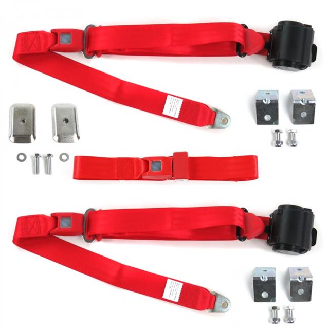 Chevy Corvair 1960-1969 Standard 3 Point Red Retractable Bench Seat Belt Kit with Bracketry - 3 Belts