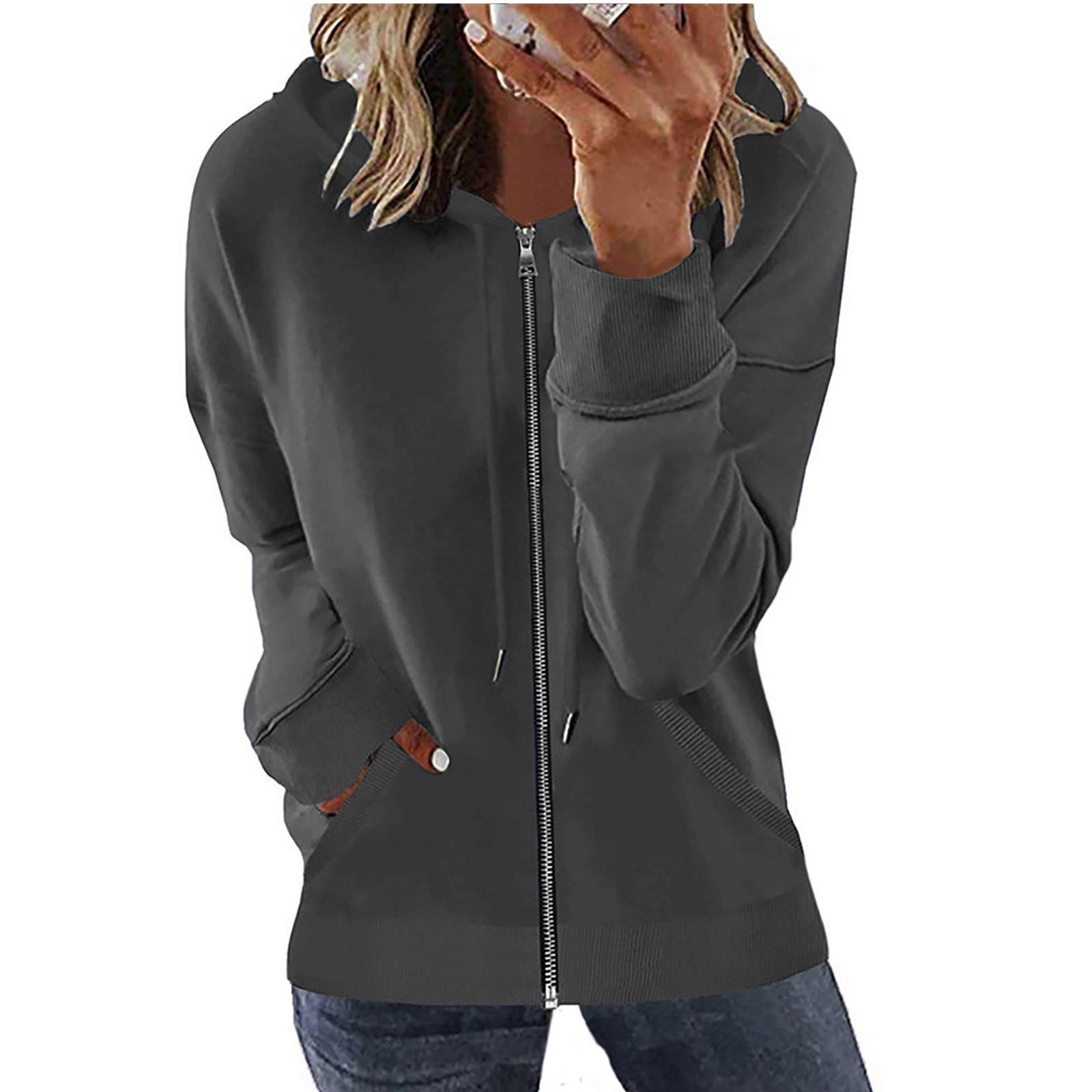 TIMIFIS Chandail à Capuchon à Manches Longues pour Femmes, Veste de Survêtement Zippée avec Poches - Gris - Sfall
