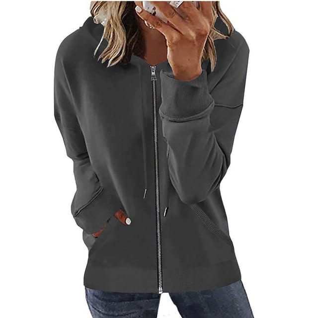 TIMIFIS Womens Long Sleeve Hooded Sweatshirt Hoodies Zip Up Track Jacket with Pockets in gray, designed for casual wear with a loose fit, zippered front, and long sleeves. Made from lightweight polyester, perfect for layering in fall or spring. Suitable for pairing with jeans, leggings, or joggers for a versatile look.