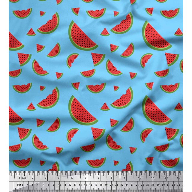 Soimoi Blue Moss Georgette Fabric Watermelon Fruits Print Fabric by Yard 42 Inch Wide