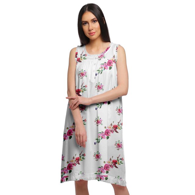 Moomaya Robe de Nuit Trapèze pour Femme à Col Rond Sans Manches en Coton Imprimé