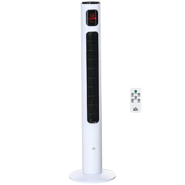HOMCOM Freestanding Tower Fan Cooling for Home with Oscillating 12H Timer, featuring a modern white ABS design with a black vent panel. Includes an LED control panel at the top displaying settings and temperature, and a remote control for easy operation. Offers 3 modes (Normal, Natural, Sleep), 3 speeds, and a 70-degree oscillation function for targeted airflow. Equipped with an energy-saving 12-hour timer and quiet operation at 57.4dB. Ideal for living rooms, bedrooms, and offices.