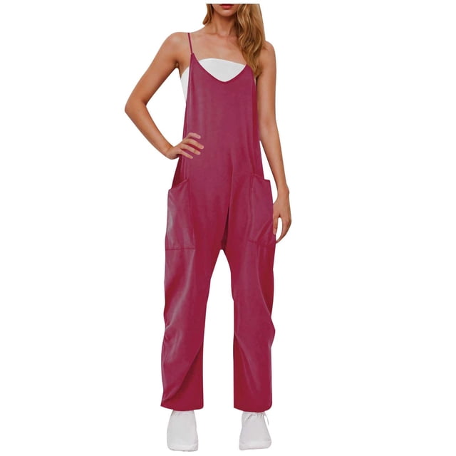 yoeyez Womens Rompers And Jumpsuits Plus Size,Women's Solid Color V Neck Sling Overalls Rompers Sleeveless Backless Wide Leg Trouser Overalls Jumpsuit With Pockets Wine,3XL