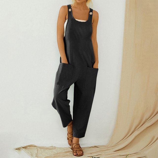 EQWLJWE Liquidation d'Été! Combinaisons Sans Manches à Boutons pour Femmes, Taille Haute, Coupe Basse, Col Rond, Pantalon Long