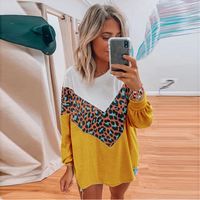 RKSTN Sweaters for Women Fashion Leopard Print Comfortable Long Sleeves Sweater Tops Fall Sweaters