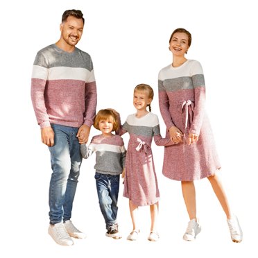 PatPat Family Matching Long-sleeve Colorblock Rib Knit Belted Dresses and Pullover Sets