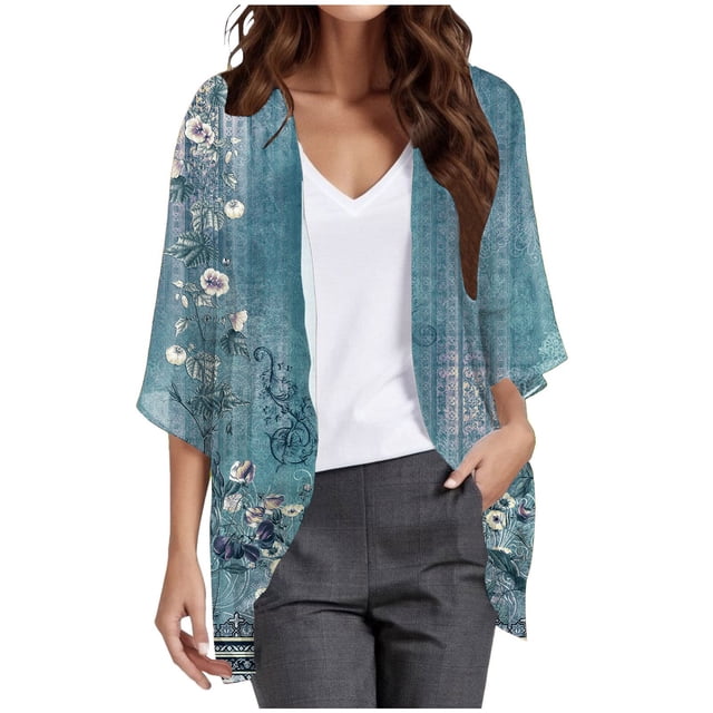 2025 Cardigan Kimono à Manches Bouffantes Ouvert au Dos à Imprimé Floral pour Femmes Cardigan Ample à Imprimé pour Femmes Couvre-Maillot Blouse Décontractée Cardigans Sans Manches pour Femmes