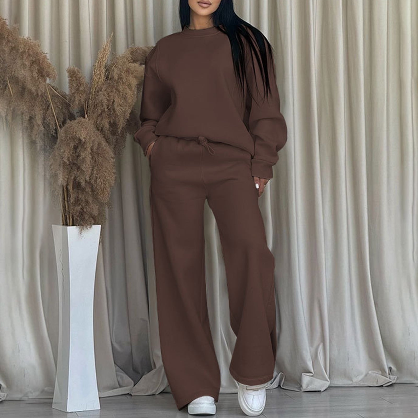 Wensltd Ensemble à Capuchon pour Femmes Couleur Unie Décontracté Col Ras du Cou Manches Longues Haut et Pantalon