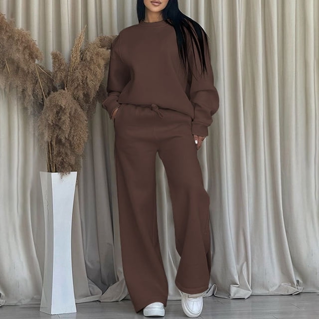 Wensltd Ensemble à Capuchon pour Femmes Couleur Unie Décontracté Col Ras du Cou Manches Longues Haut et Pantalon